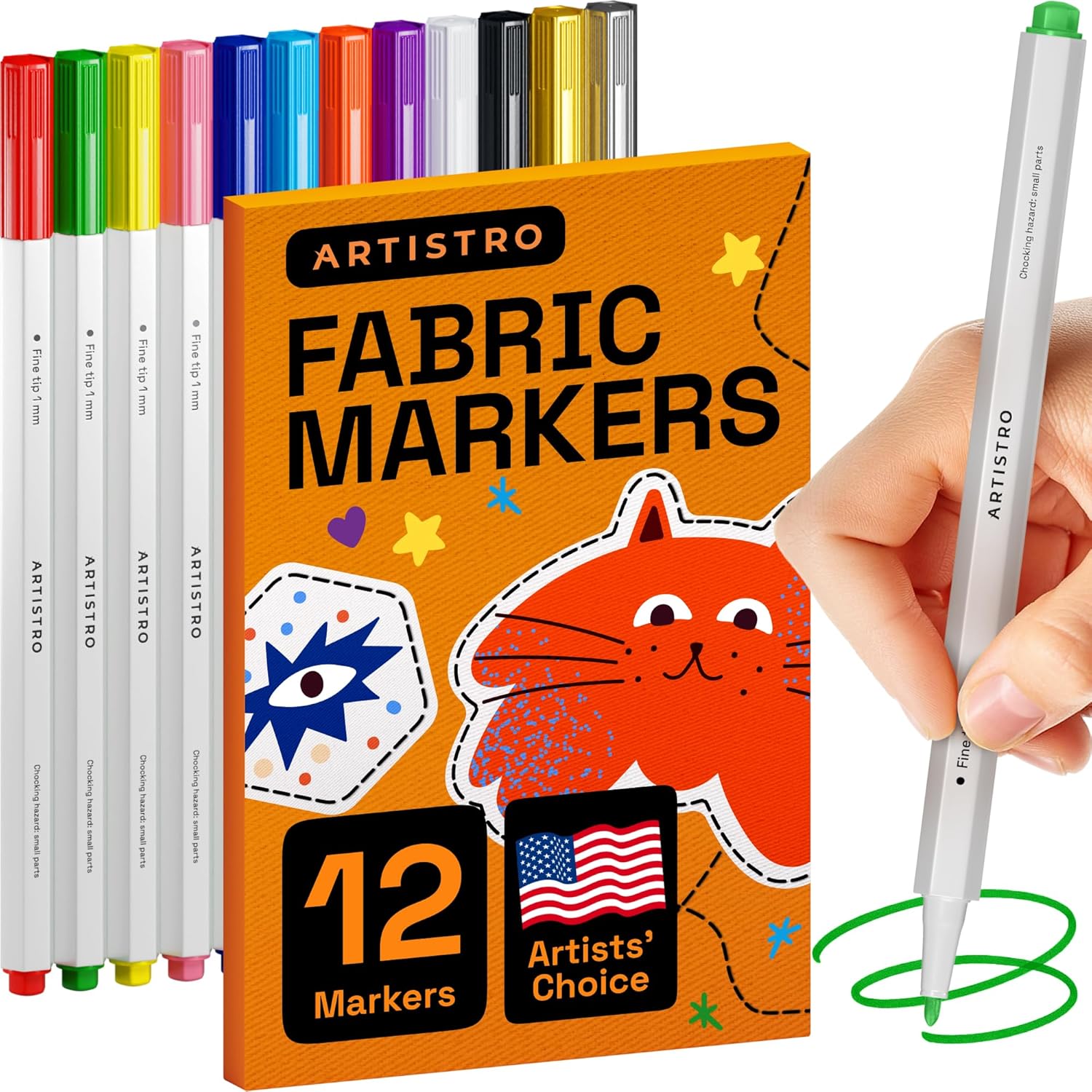 12 Fabric Markers - Fine Tip Fabric Markers Permanent for Clothes - No Bleed Pens for T-Shirts, Bags, Textile, Canvas, and more