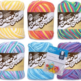 Lily Sugar'n Cream 100% Cotton Yarn 6-Pack Bundle with Bella's Crafts Stitch Markers (Ombre Fun Mix)