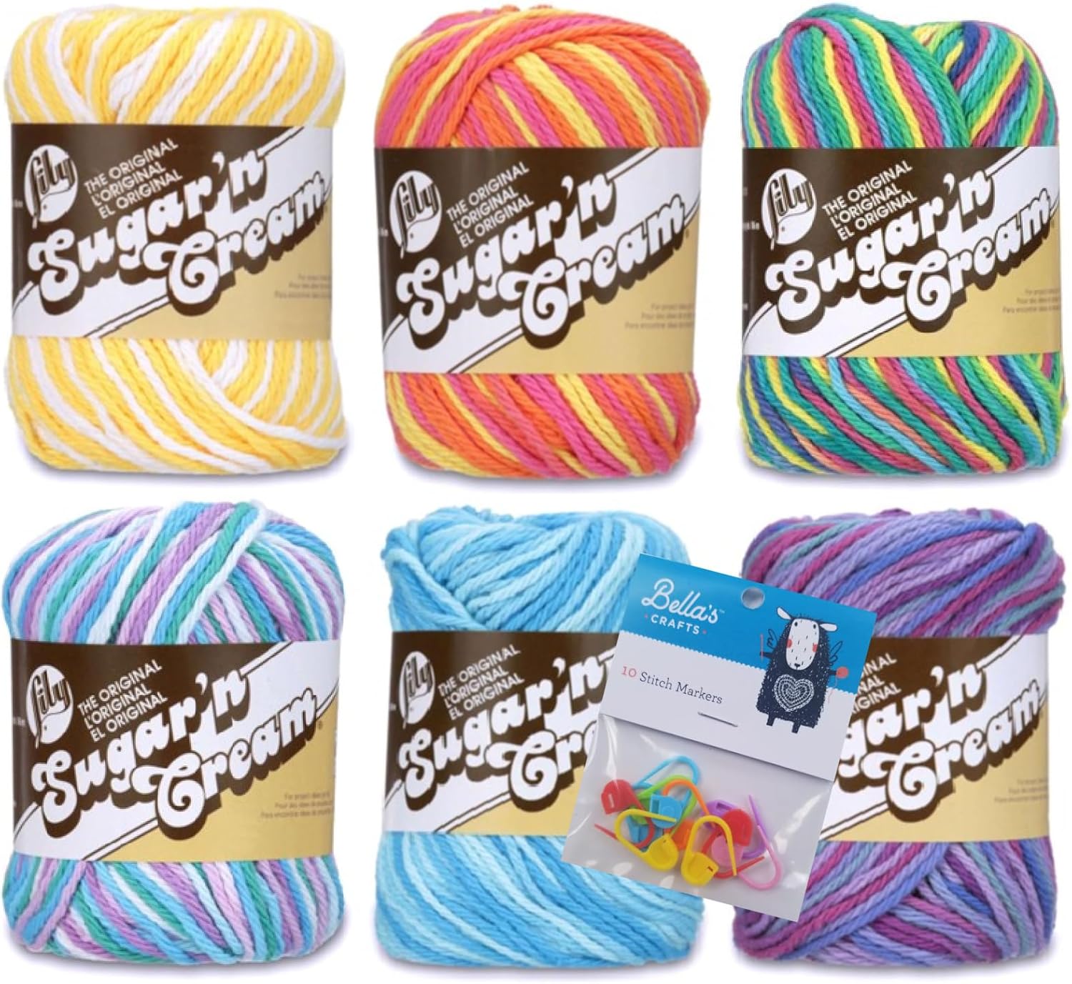 Lily Sugar'n Cream 100% Cotton Yarn 6-Pack Bundle with Bella's Crafts Stitch Markers (Ombre Fun Mix)