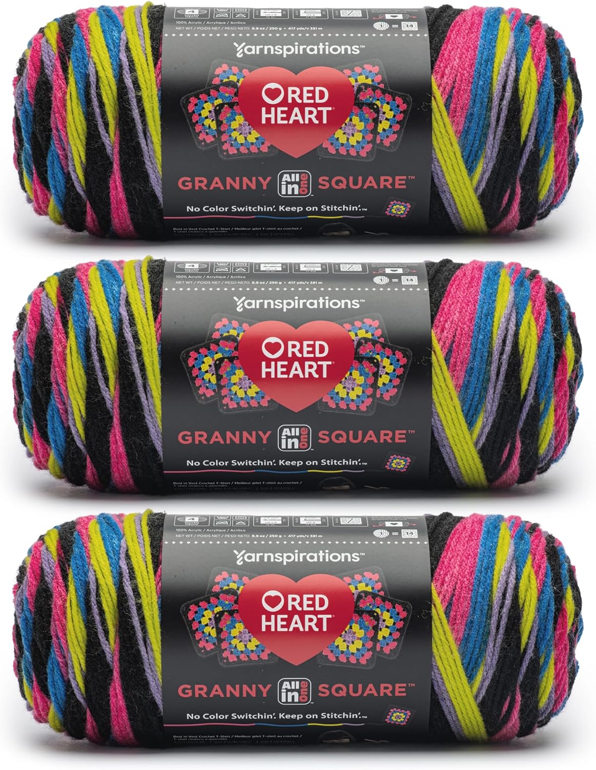 Red Heart All in One Granny Square Neon Lights 3 Pack of 250g Yarn