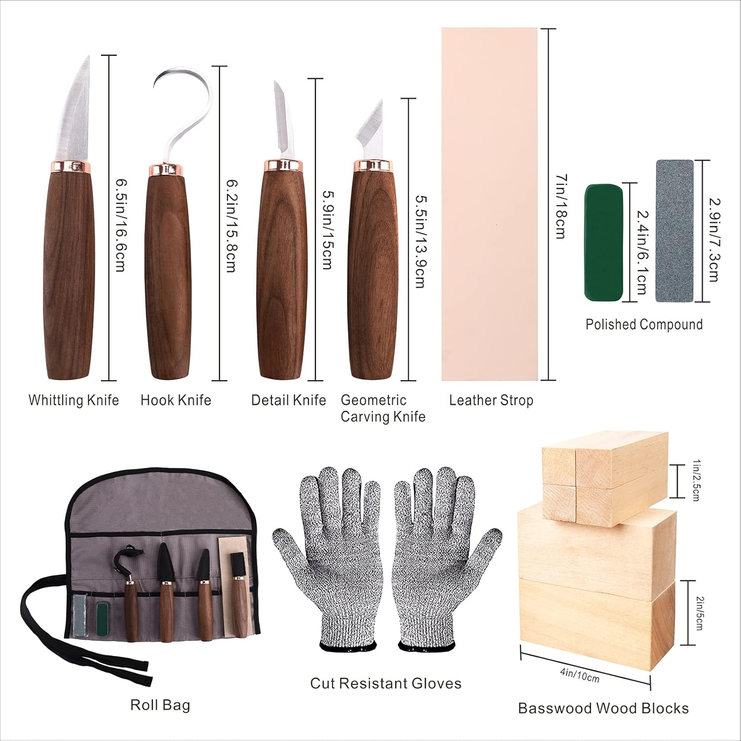 Wood Carving Tools Pack of 15- Includes Black Walnut Handle Wood Carving Knife,Whittling Knife,Hook Knife,Polishing Compound,Sharpening Stone,Cut Resistant Gloves,Wood Carving Kit for Beginners. - Image 2